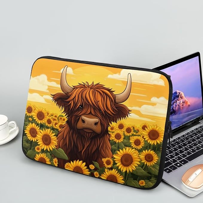 Highland Cow Laptop Protective Sleeve for Women 10inch Computer Sleeve Bag Sunflower Portable Lap Top Case Suitable for Travel School Office Neatly Organizers Brown