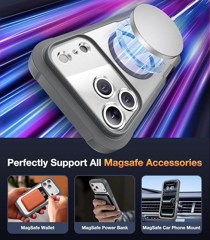 Diaclara Magnetic Designed for iPhone 17 Pro Max Case Full Body Bumper,[Compatible with MagSafe] Military Drop Proof Cover with Built-in Privacy Screen Protector,Grey Titanium