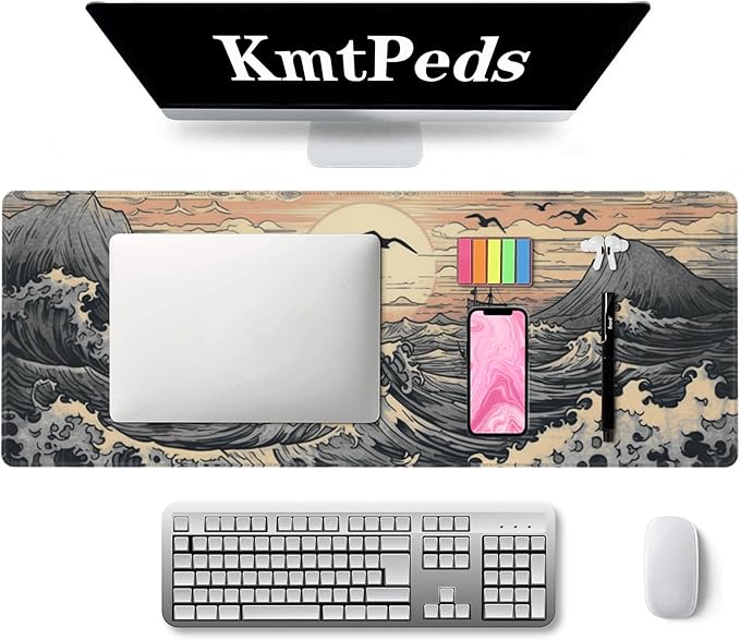 Japanese Sea Waves Large Gaming Mouse Pad,XL Mouse Pad Gaming Mouse Mat Desk Pad,31.5 x 11.8in Desk Mat Anime Mouse Pads for Desk,Extended Keyboard Pad Mousepad with Non-Slip Base and Stitched Edge