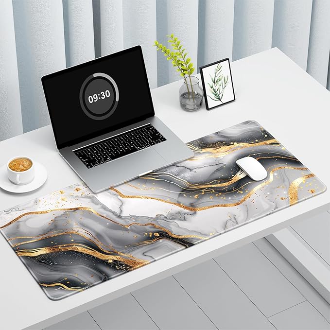 Auhoahsil Ultra Large Gaming Mousepad, XXL Desk Mat, Pretty Extended Full Size Desktop Matt for Keyboard, Laptop & Computer, 35.5 x 15.7 in, White Gray Marble