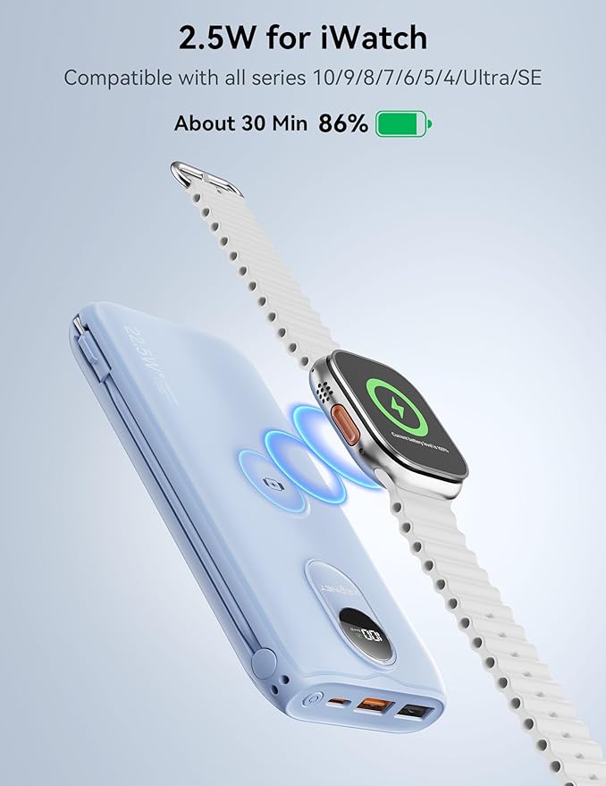 Portable Charger, 10000mAh 22.5W Power Bank Fast Charging with Wall Plug, Built-in Cables, LED Display, Compact Lightweight USB C Travel Battery Pack for iPhone 17/16, Android Cell Phone, Pad, iWatch