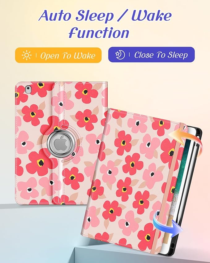 Kidcube for iPad 5th Generation Case 2017/Air 1st 2013/Pro 9.7 Inch Case 2016 - Women Girls Kids Cute Rotating Stand Folio Cover with Pencil Holder & Card Slot Girly Kawaii Floral Flower Design Cover
