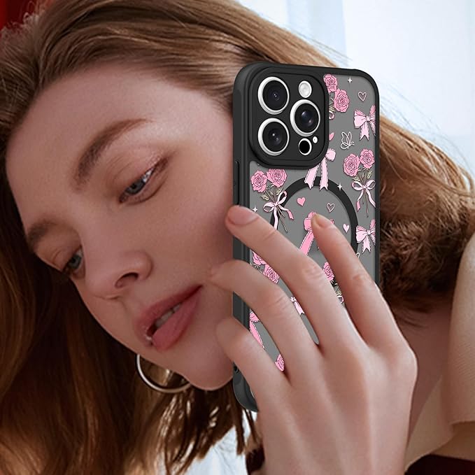 KANGHAR Case Compatible with iPhone 15 Pro Max Bows Bouquet Pattern [Compatible with Magsafe] Cute Flowers Florals Protective Magnetic Case for Girls Women Men