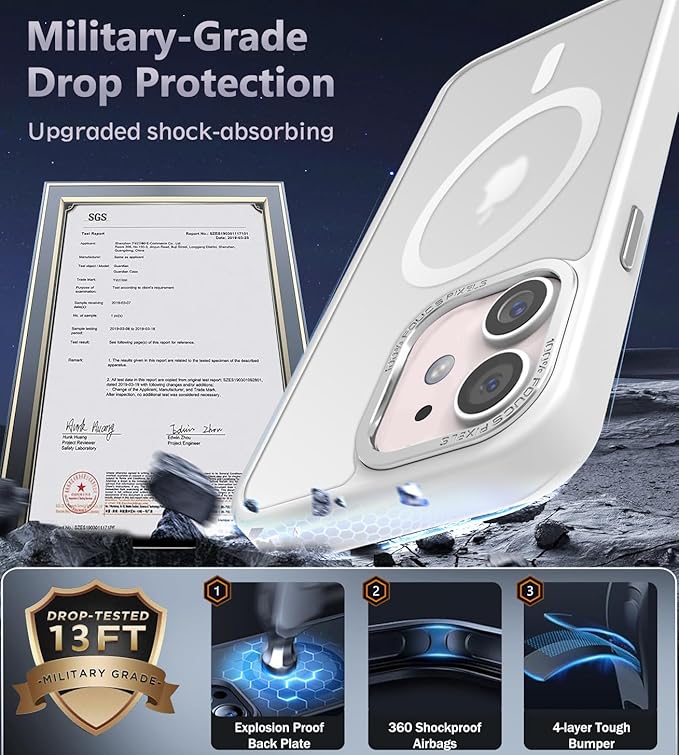 Newfuture Designed for iPhone 12 Case/iPhone 12 Pro Case with Magnetic [13 FT Military Drop Protection] [Compatible with Magsafe] Translucent Shockproof with Anti-Fingerprint Phone Case, Frosted White