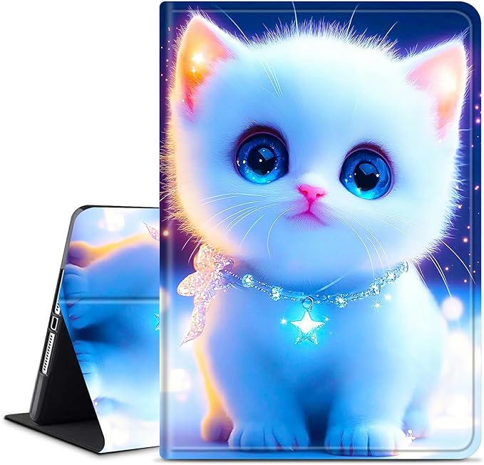 for Amazon Kindle Fire HD 8 & HD 8 Plus(12th/10th Generation, 2024/2022/2020 Release) 8" Tablet Case, Slim Kickstand Stand Leather Smart Cover with Auto Wake/Sleep, White Blue Eyed Cat