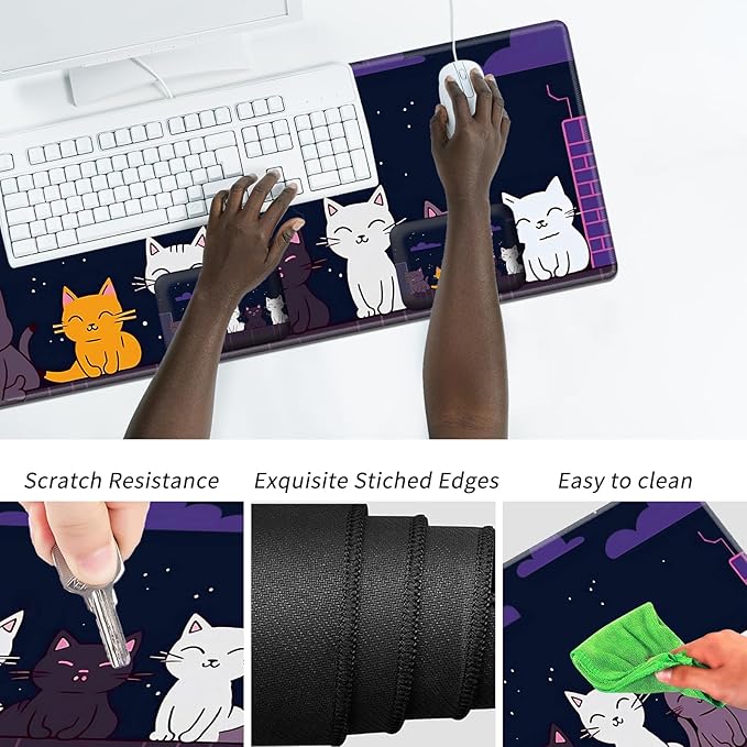Wrist Elbow Support Arm Rest Desk Mouse Pad Set,Large Mouse Pad + 2 Elbow Rest Pad + Coaster,(31.5×11.8 in) Ergonomic Memory Foam for Office,Gaming,Computer,Laptop-Lovely Cats