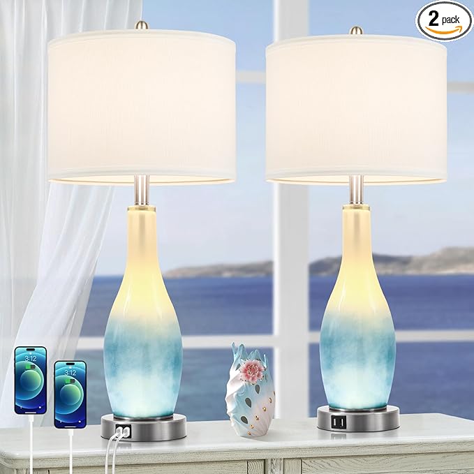 BesLowe 26in Tall Glass Table Lamps Set of 2 with 2 USB Charging Ports & LED Nightlight, Large Coastal Table Lamps for Living Room End Table, Modern Beach Lamps for Bedroom Bedside Nightstand, Blue