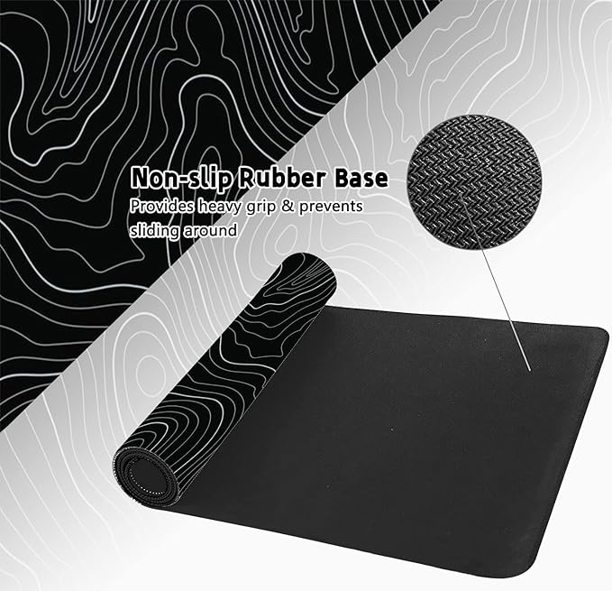 Desk Mat, Topographic Map Lines Pattern Large Desk Pad Extended Gaming Mouse Pad, 35.4 x 15.7inch Mouse Pad with Non-Slip Rubber Base Stitched Edges, Home Office Decor for Women Girls Men Boys
