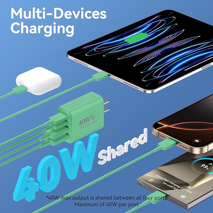 USB C Charger Block, 2Pack 40W 4 Ports Type C Fast Phone Charging Cubes PD Wall Plug+QC 3.0 USB A Charger Head Power Brick Box for iPhone 16/15/14/13/12/11 Pro Max, Pad, Galaxy, Pixel, Deep Green