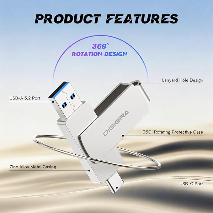 DIGIERA 256GB 2‑in‑1 USB‑A & USB‑C Flash Drive, USB 3.2 Gen 1 Thumb Drive, 500MB/s Read 400MB/s Write, 360° Swivel Compact Aluminum Memory Stick for File Transfer, Backup & Travel Storage