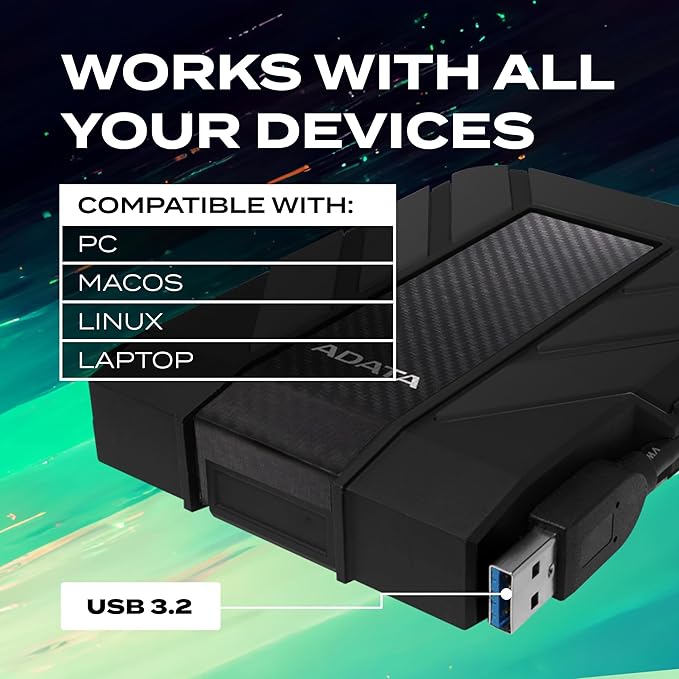ADATA HD710 Pro - 2 TB External Hard Drive - Shockproof, Waterproof & Dustproof - Durable Storage - For Gamers, Students & Professionals - Mac, PC & Linux Compatible - Black - AHD710P-2TU31-CBK