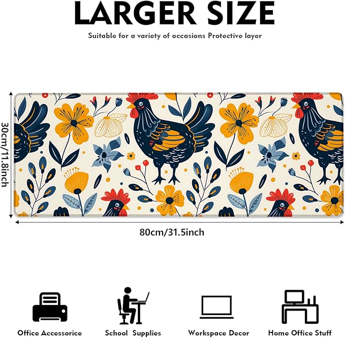 Cartoon Rooster & Flower Gaming Mouse Pad, Large Colorful Chicken Desk Mat for Laptop Keyboard Computer, Non-Slip Rubber Base Desktop Extended Mousepad for Office Home Accessories 31.5"×11.8"