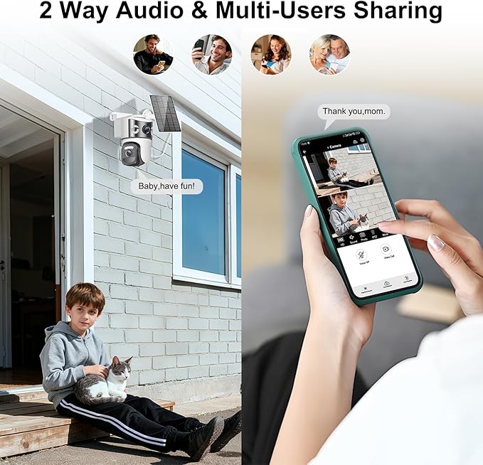 Dual Lens Security Cameras Wireless Outdoor, Solar-Powered Home Security Camera with 6MP Color Night Vision, 2-Way Audio, PIR Motion Alarm, 5GHz/2.4Hz WiFi, Spotlight Siren, Waterproof