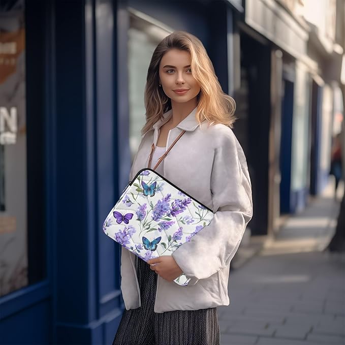 Lavender Laptop Case Sleeve, Butterfly Lavender Pattern Purple Shockproof Protective Computer Carrying Cover, Briefcase Handbags 13-13.3inch Laptop Sleeve Bag