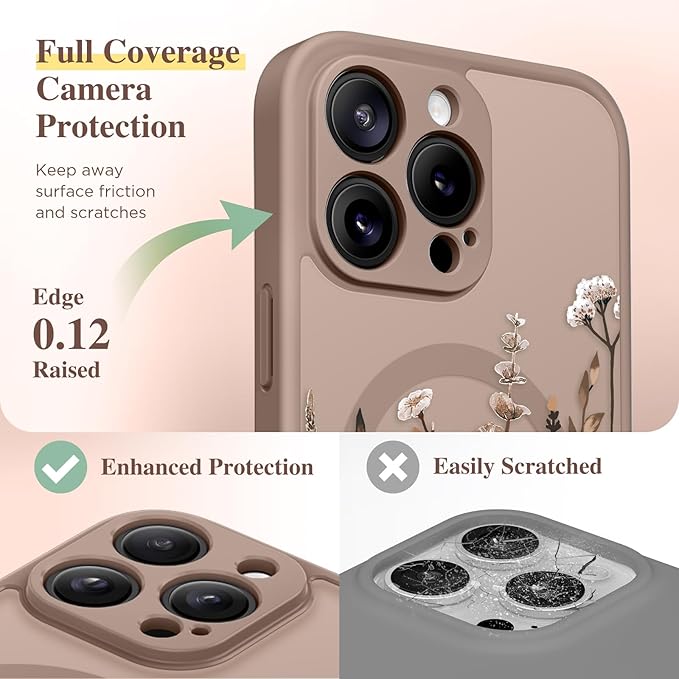GVIEWIN for iPhone 15 Pro Case Compatible with MagSafe, [Military Grade Protection] [Screen Protector] Full Camera Protection Floral Translucent Women Magnetic Phone Case, Floratopia/Brown
