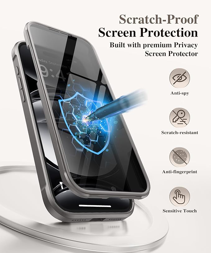 BERFY for iPhone 17 Pro Case, Compatible with MagSafe, Built in Privacy Screen Protector, Shockproof Full Body Phone Case for 17 Pro with Magnetic Stand, Clear Grey