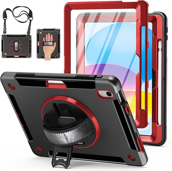 Case for iPad (A16) 11th/10th Generation Case: Protective Cover for iPad 11th Gen 11 Inch 2025 &10th Gen 10.9" 2022 with Screen Protector- Stand- Shoulder Strap- Handle- Pencil Holder-Red+Black