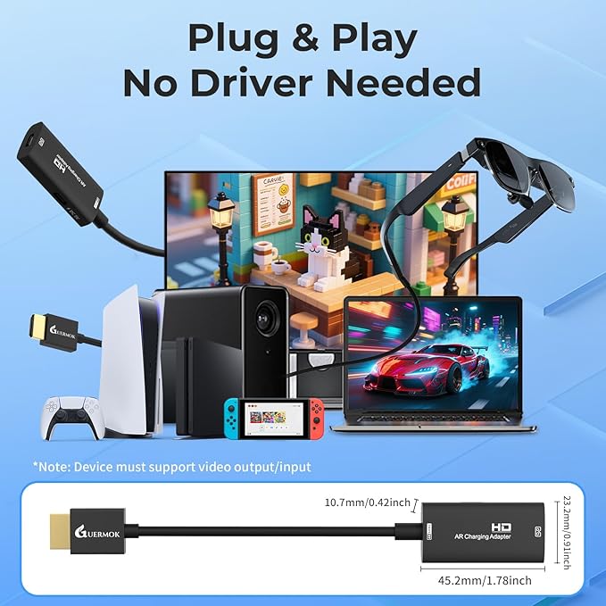 Guermok AR Glasses HDMI to USB-C Display Adapter, 4K@60Hz Play and Charge XR Converter with DC 5V, for XREAL One/Air 2 Pro/RayNeo/Rokid, Switch 2/1, Xbox1, PS4/5, Portable Monitors (Black)
