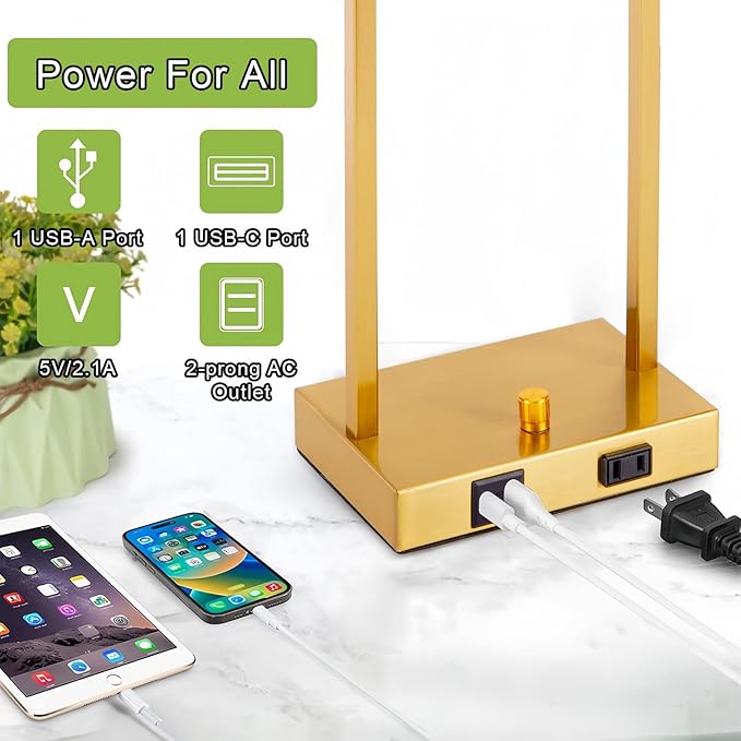 16" Desk Lamps for Home Office, Bedside Lamps with USB C+A Ports and Outlet, Gold Fully Stepless Dimmable Industrial Table Lamps with Seeded Glass Shade for Reading Living Room, LED Bulbs Included