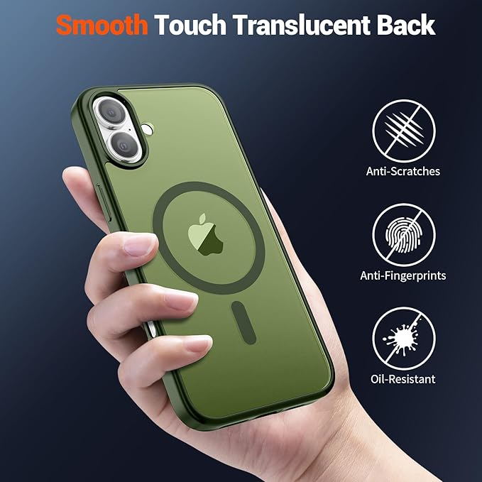 SUPFINE Magnetic for iPhone 16 Plus Case (Compatible with MagSafe) (Military Grade Drop Protection) Slim Translucent Matte Shockproof with Anti-Fingerprint Phone Case,Cangling Green