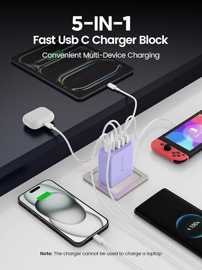 USB C Charger Block,EIZLXQ [2-Pack] Type C Charger Fast Charging,50W 5-Port USB Wall Chargers Multiport Type C Charging Block Cube for iPhone 17 16 15 14 13 12 11 Pro Max XS,iPad,Samsung&More-Purple