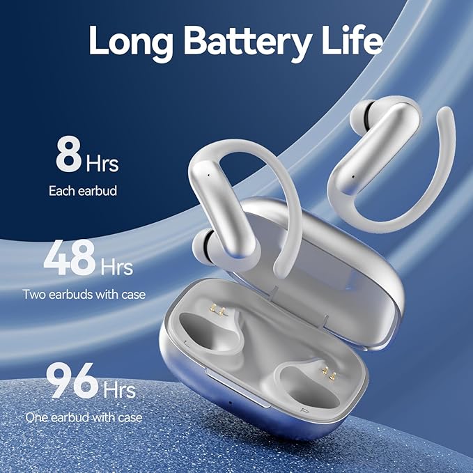 Wireless Ear Buds with Ear Hooks Bluetooth 6.0 Headphones,48H Playtime,Over Ear Buds with LED Power Display,IPX6 Waterproof for Sport Workout Running (Silvery)