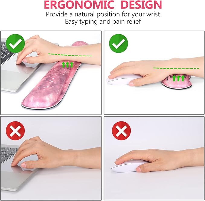 DINKY Keyboard Mouse Pad Set, Large Gaming Mousepad + Memory Foam Ergonomic Keyboard Wrist Rest Support, Easy Typing Pain Relief, 4Pcs (35.4" x 15.7") Extended Desk Mat -Pink Glitter Letters