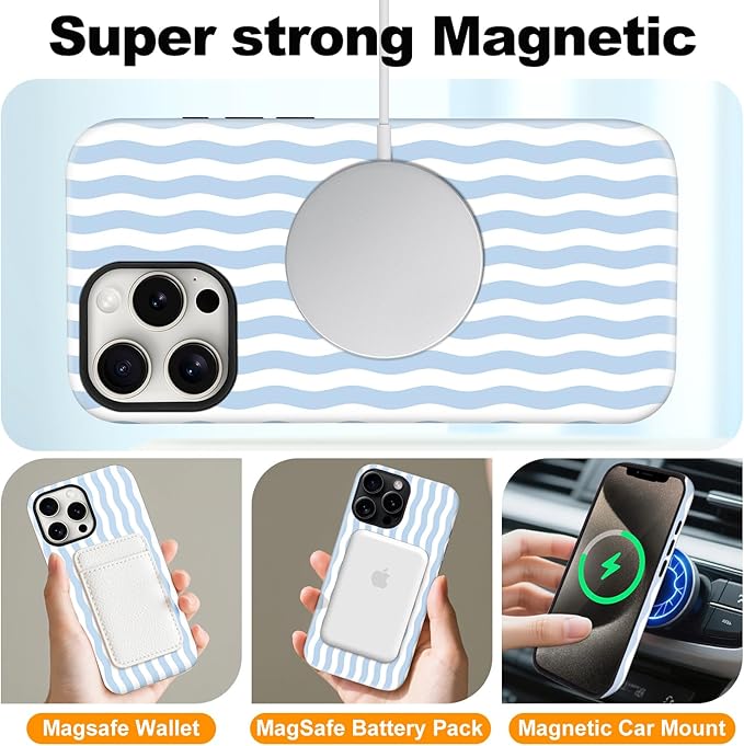 Magnetic for iPhone 16 Case Cute Wavy Stripes Phone Case, Shockproof Slim TPU and Hard PC Protective Phone Cover Compatible with MagSafe Designed for Women Girls, Blue