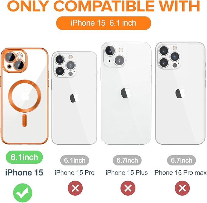 Hython Magnetic Clear for iPhone 15 Case with Camera Lens Protector [Compatible with MagSafe] Luxury Plating Edge Slim Soft TPU Cover Protective Phone Case for iPhone 15 6.1", Matte Orange