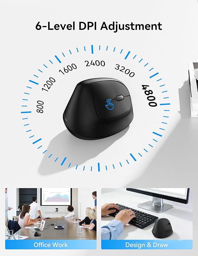 TECKNET Ergonomic Mouse, Wireless Bluetooth Vertical Mouse (BT5.3/3.0 & 2.4G) Rechargeable 4800 DPI Optical Mouse with 6 Adjustable DPI, Quiet Clicks, USB A Receiver, 6 Buttons - Wide Compatibility