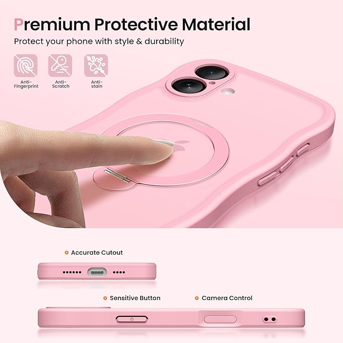 CAPRARO for iPhone 16 Case with 360° Spin Magnetic Stand for Women, [Compatible with MagSafe] [Full Camera Protection] Cute Wave Translucent Matte Case for iPhone 16, Peach Pink