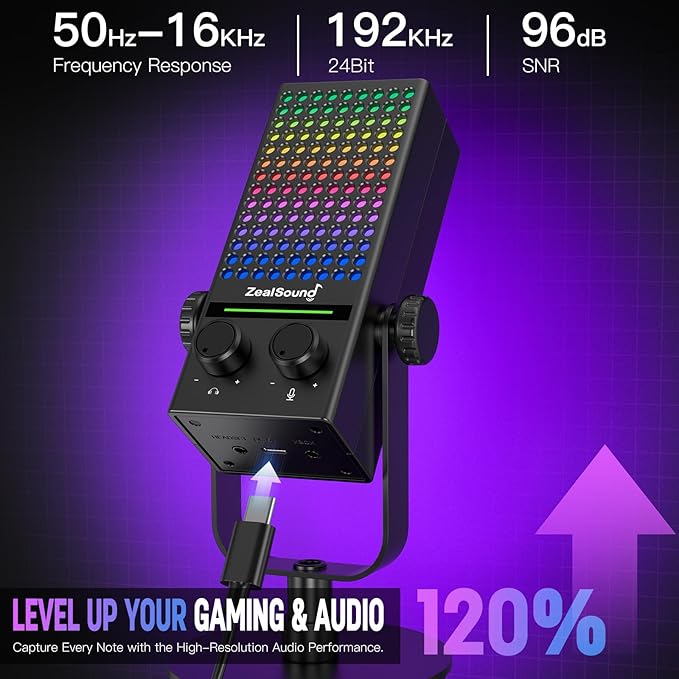 ZealSound Gaming Microphone for Xbox, PC & Mac, Noise Cancellation Streaming Mic with One Tap Mute, RGB Lighting, Monitoring, Gain Control, Condenser Mic for iPhone, Computer, Podcast, Gamer, YouTube