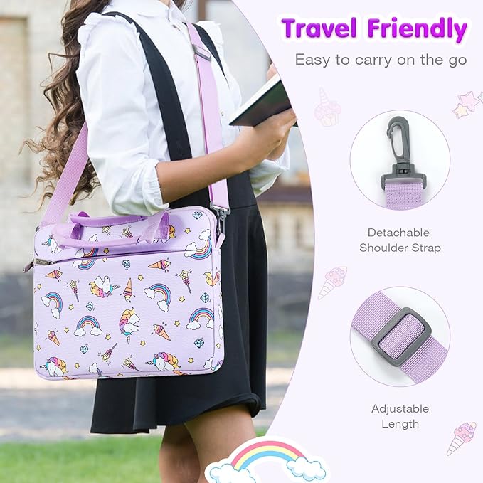 MoKo 10-12.5 Inch Kids Tablet Sleeve Carrying Case for Fire HD 10 13th/11th Gen, Fire HD 8/7 Kids 2022, Tablet Bag with Shoulder Strap for 10/10.1 Inch Android 12/13, Rainbow & Unicorn (Lilac)