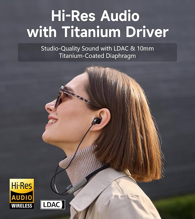 Edifier W280NB Pro Neckband Wireless Headphones - Active Noise Cancellation,IP55 Waterproof, 23H Playtime,Hi-Res Audio with LDAC, Bluetooth 5.4 Wireless Earbuds - Black