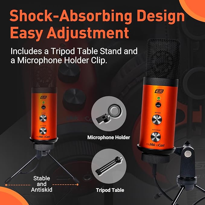 ESI cosMik uCast | USB Microphone, Cardioid Condenser Computer Microphone for Gaming, Streaming, Podcasting, 2m USB-C Cable, Mute Button, Built-in Headphone Jack, Gain Control, USB Mic for PC & Mac