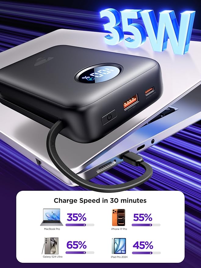 Aioneus Portable Charger, 35W PD Fast Charging Power Bank 20000mAh, Battery Pack with Built in Lightning & USB-C Cables, Powerbank for iPhone 17 16 15 14 iPad Samsung Android Tablet MacBook