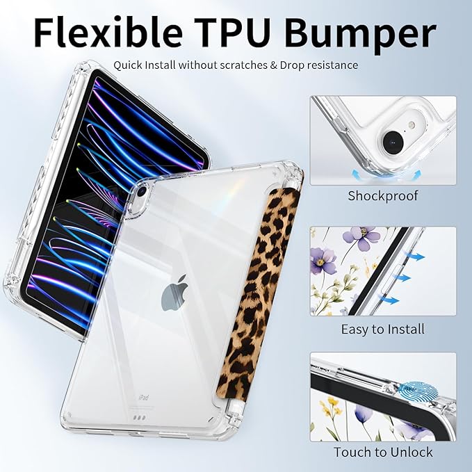 for iPad Air 11 Inch Case M4 (2026)/ M3 (2025)/ M2 (2024), iPad Air 10.9" 5th/4th Generation Case 2022/2020 with Pencil Holder, Slim Trifold Stand Clear Back Cover, Brown Cheetah