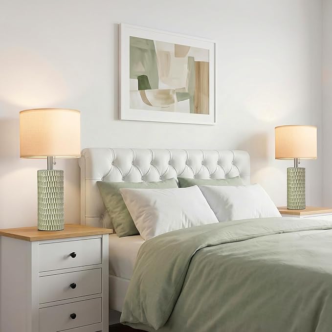 Reaketon Table Lamps for Living Room Set of 2, Ceramic Table Lamps for Bedroom, 20" Modern Lamps for Night Stands, Light Green