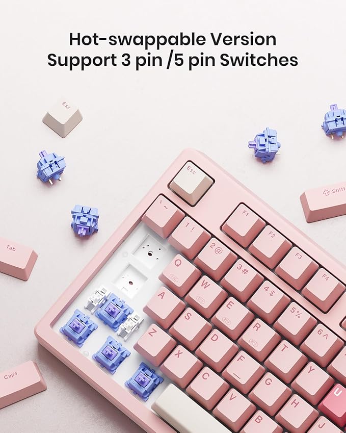 Kisnt KN85 Wireless Mechanical Gaming Keyboard, 75% Layout with RGB Backlit, Custom Hot Swappable, Creamy Sound, Bluetooth/2.4GHz/USB-C Compatible with Windows/Mac/PC (Rose Pink, Linear Switch)