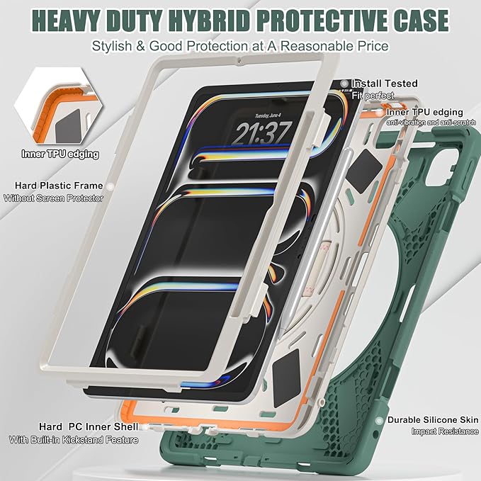 Batianda Case for iPad Pro 13-inch 2025 M5 2024 M4 Chip Heavy Duty Rugged Durability Silicone Tablet Cover with 360° Rotating Hand Strap Foldable Hidden Stand & Shoulder Strap, Sea Green