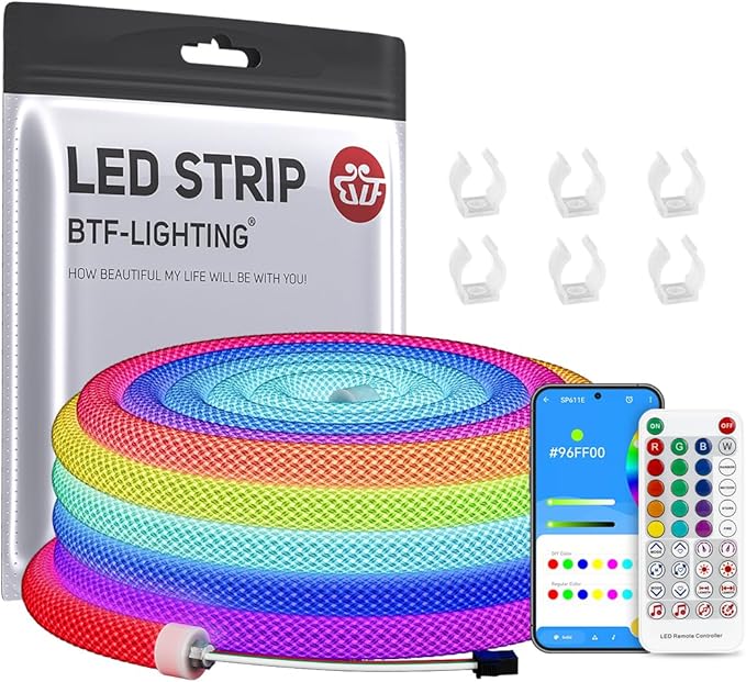BTF-LIGHTING 9.8FT WS2811 WS2812B IC RGB DC5V 360 Degree Round Reticulate Chasing Color Neon LED Strip Kit Bluetooth Controller Flexible Silicone IP67 Waterproof Rope Light for Home Decor(No Adapter)