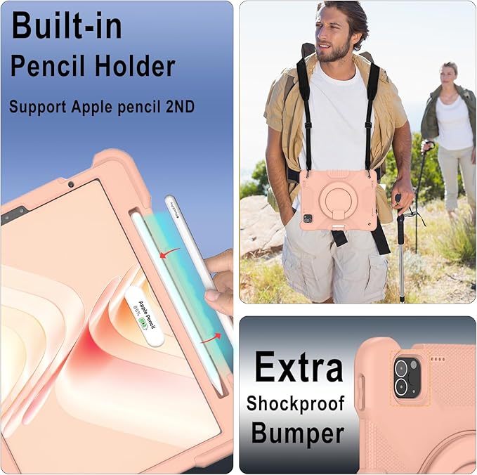 SCSVPN for iPad Air 5th/ 4th Generation 10.9'' Case, iPad Pro 11 Inch Case 4th/3rd/2nd/1st Gen 2022 2021 2020 2018: Protection Kids Cover with Pencil Holder-Stand-Handle-Shoulder Strap, Rose Gold