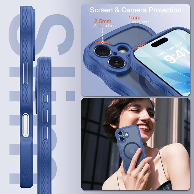 BENTOBEN Magnetic for iPhone 17 Case, Cute Wavy Full Camera Protection [Compatible with MagSafe] Translucent Matte Anti-Slip Bumper Women Girls Boys Protective Cover for 17 6.3", Sierra Blue