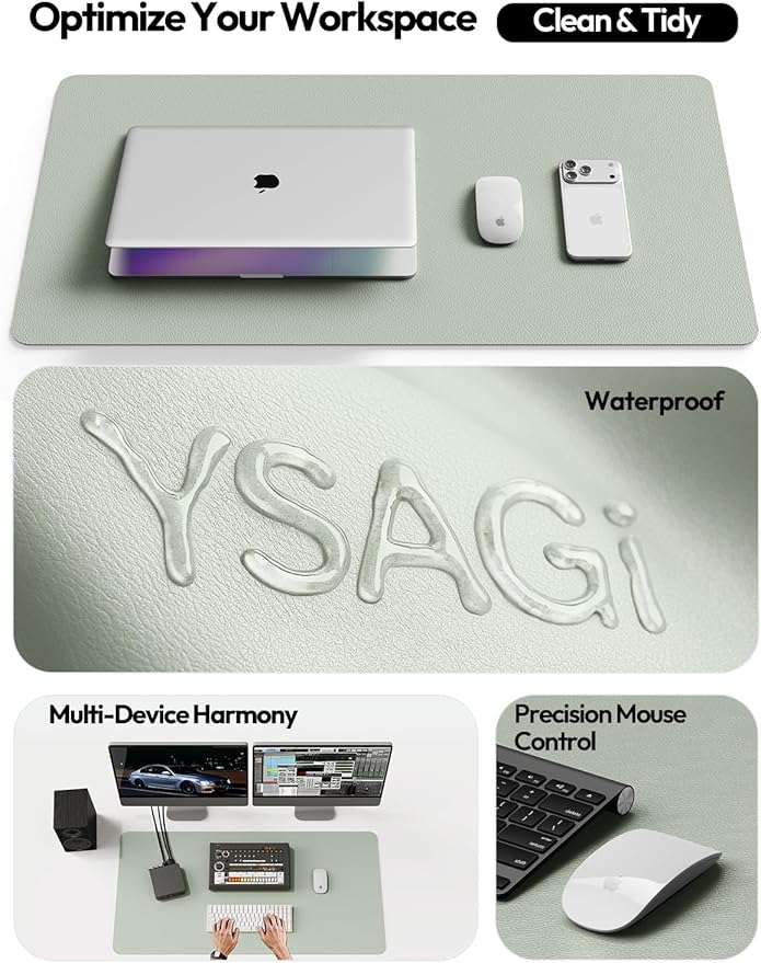 YSAGi Leather Desk Pad Protector, Office Desk Mat, Large Mouse Pad, Non-Slip PU Leather Desk Blotter, Laptop Desk Pad, Waterproof Desk Writing Pad for Office and Home (Grayish Green, 47" x 17")