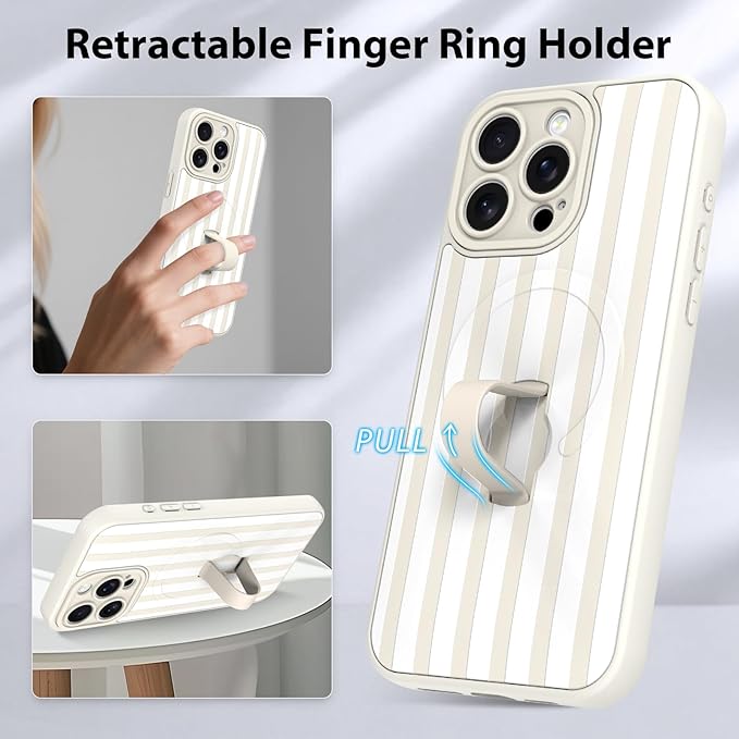 KANGHAR Compatible with iPhone 15 Pro Max Case, Support for MagSafe, Silicone Stripes Cute Pattern, Wristband Kickstand Camera Protection Soft Slim Cover for Girls Women -White