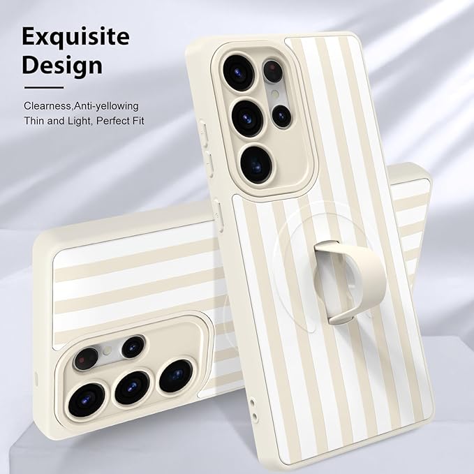 KANGHAR Compatible with Samsung Galaxy S25 Ultra Case, Support for MagSafe, Silicone Stripes Cute Pattern, Wristband Kickstand Camera Protection Soft Slim Cover for Girls Women -White