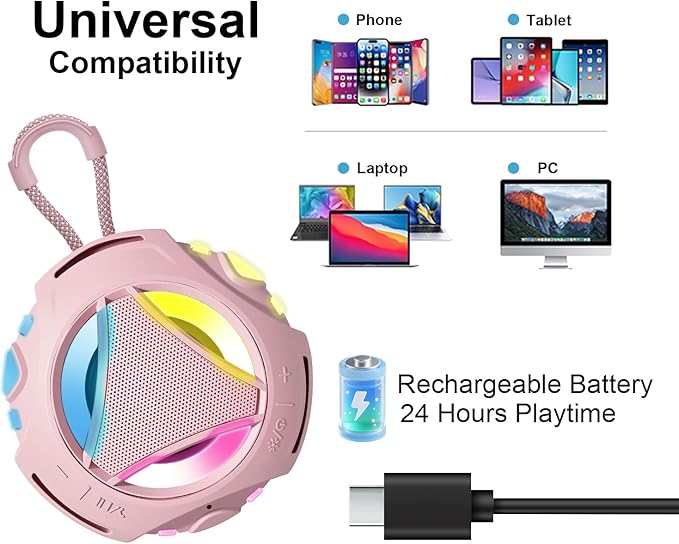 Portable Bluetooth Speaker, IPX7 Waterproof Wireless Outdoor Speakers, Mini Shower Speaker, Floating, Built-in Mic, 24H Playtime with LED Lights,Loud HD Sound, Powerful Bass, Gifts for Unisex - Pink