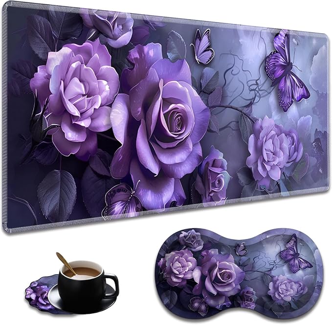 Extended Non-Slip Mouse Pad + Mouse Wrist Rest + Lace-Shaped Coaster Set, Ergonomic Design, Suitable for Desk and Home Gaming Table Mat, Purple Rose