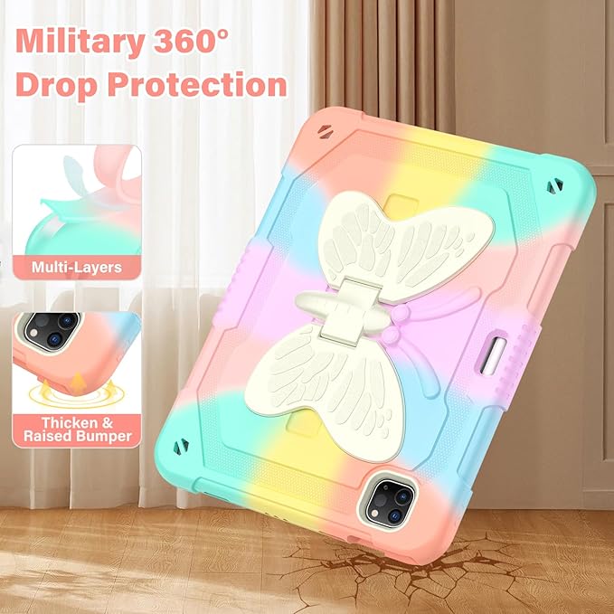 HOGENL for iPad Pro 11 inch Case for Kids Girl with Pencil Holder,for iPad Air 5th/4th Generation Case 10.9" with Butterfly Stand Shoulder Strap Protective Cover for pro 11 4th/3rd/2nd/1st, Colourful