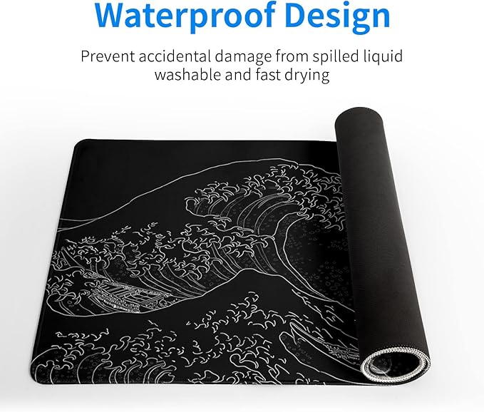 Brecoy Japanese Sea Wave Large Mouse Pad, Anime Black Gaming, Extended Kanagawa Mat Desk Pad, 3mm Thick Long Non-Slip Rubber Base Mice Pad, 31.5 X 11.8 Inch